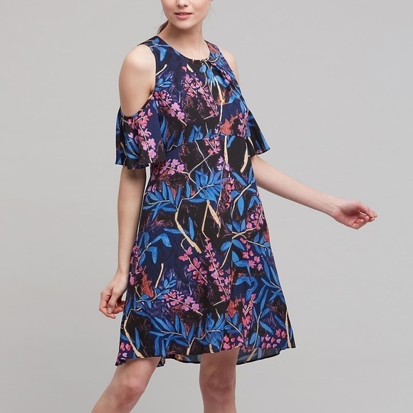 Anthropologie Maeve blue floral Elia Cold Shoulder Dress Size 4 - Picture 1 of 7